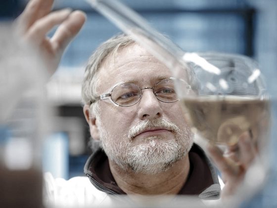 Chemiker, der einen Glasbehälter umit klarer Flüssigkeit betrachtet